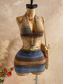 Soleia Women's Striped Backless Halter Neck Knit Dress - Multicolor - View 3