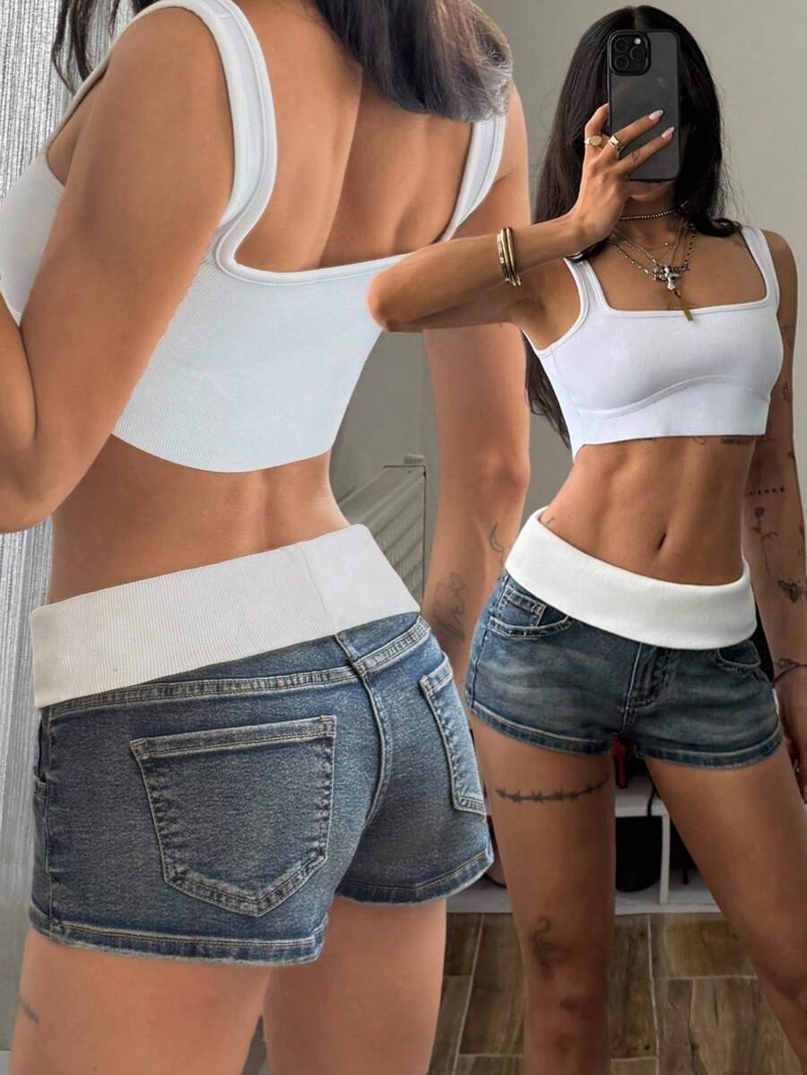 StreetHx Quần short denim nữ kiểu dáng ôm sát, cạp gập, phối nhiều mảnh vải, gợi cảm, phong cách Y2K. - Rửa tối - Xem 1