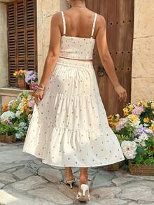 SHEIN 2pcs Maternity Ditsy Floral Frill Trim Camisole And Skirt Casual Set Summer Summer Skirt Set Cream Two Pieces Set Boho Two Pieces Set Vacation Woman Baby Shower - Multicolor - View 2