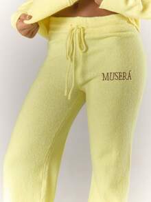 MUSERA 超大罗纹针织刺绣细节阔腿裤，仅限秋季穿着，舒适可爱，休闲百搭，适合咖啡馆、俱乐部、冬季、晚宴、新年、感恩节等场合。 - 鵝黃色 - 查看 5