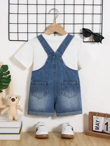 Bộ quần yếm denim dáng rộng dễ thương cho bé trai, có túi vá, thích hợp cho trang phục mùa xuân/hè, áo liền quần denim cho bé. - Rửa nhẹ - Xem 2