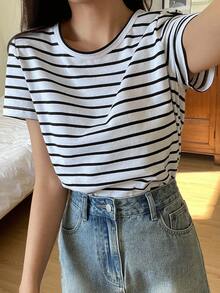 DAZY Women's Casual Striped Round Neck Short Sleeve T-Shirt, Summer - Black and White - View 1