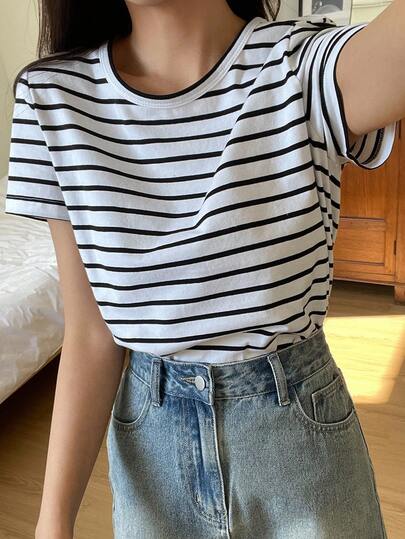 DAZY 女士休闲条纹圆领短袖T恤，夏季