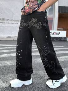 Quần jeans ống đứng màu đen đơn giản, thoải mái, phong cách Y2K cổ điển, cá tính, họa tiết chữ lấp lánh và hình kim cương, thích hợp mặc hàng ngày, dự tiệc mùa xuân hè và dạo phố. - màu đen - Xem 3