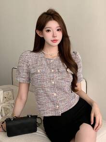 DAZY 夏季新款泡泡袖女式衬衫，适合第一次约会 - 灰色 - 查看 5