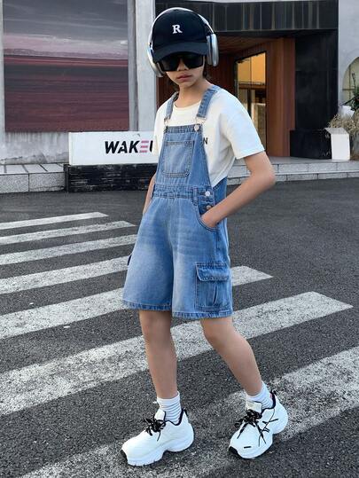 Little Byeori 青少年男孩时尚休闲Y2K复古酷炫街头蓝色宽松系带牛仔短裤，适合儿童日常穿着，也适合春夏派对、节日和街头服饰。