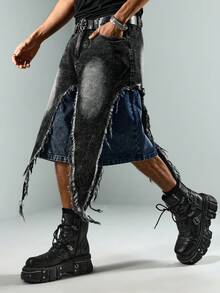 ROMWE MEN Street Life Men's Distressed Denim Shorts With Frayed Hem - Blue - View 1