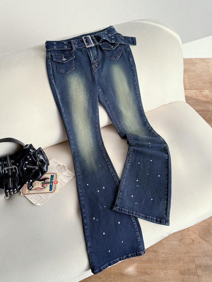 Elamini Women's Fashionable Retro Casual Versatile Flare Jeans - Blue - View 1