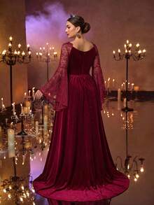 Glamrae 优雅浪漫奢华蕾丝拼接韩式天鹅绒蕾丝贴花不对称荷叶边喇叭袖修身V领A字长款连衣裙，带拖尾，适合晚宴、约会、舞会、婚礼、毕业典礼、正式场合（重工装饰） - 紅色 - 查看 2