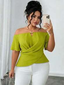 INAWLY Plus Size Solid Color Cross Wrap Off-Shoulder Ruffle Hem Fitted Top - Green - View 4