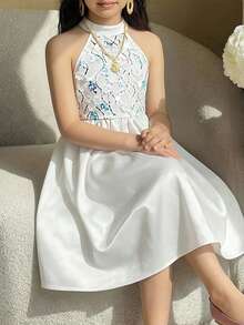 SHEIN Tween Girl Spring/Summer Elegant Glamorous 3D Embroidered Sequin Mesh Patchwork Big Bow Sleeveless Cinched Waist Princess Flare Dress Flower Girl Wedding Season Dress White Tween Girl - White - View 4
