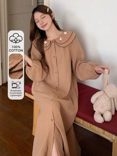 DAZY Cute Floral Decor Layered Ruffle Collar Lantern Sleeve Loose Women Nightgown