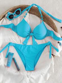 Swim Vcay Bộ bikini gợi cảm dành cho nữ, thích hợp cho kỳ nghỉ hè, kiểu dáng xếp ly, thắt nút, đính hạt, cổ yếm, có gọng và đệm mút, thích hợp cho kỳ nghỉ biển. - Màu xanh lam - Xem 6