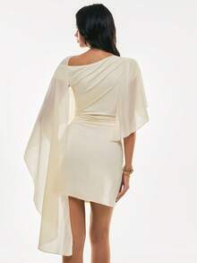 Poéselle 女士优雅时尚纯色不对称斗篷袖褶皱腰短连衣裙，夏季 - 杏色 - 查看 3