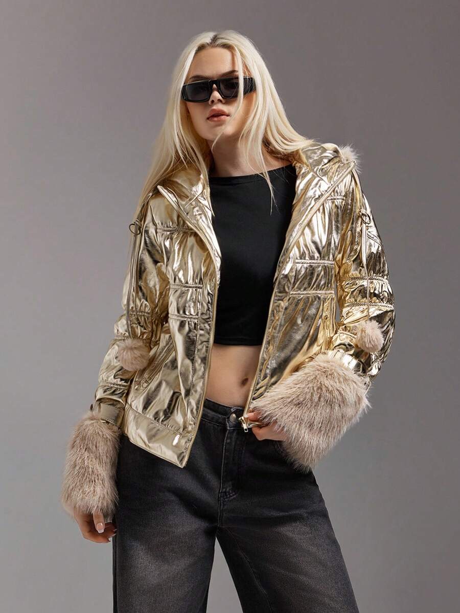 SHEIN ICON Áo khoác mùa đông dài tay lông nhân tạo họa tiết ánh kim trơn màu cho nữ - Bạc - Xem 1