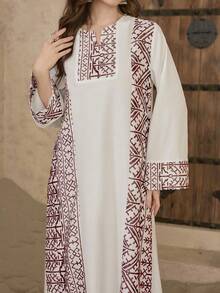Al Najma Dubai Elegant Long Dress, Muslim Clothing, Printed Contrast Color Arabic Turkish Robe - Burgundy - View 3