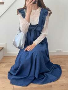 FRIFUL Women's Knotted Frill Trim Denim Dress - Blue - View 5