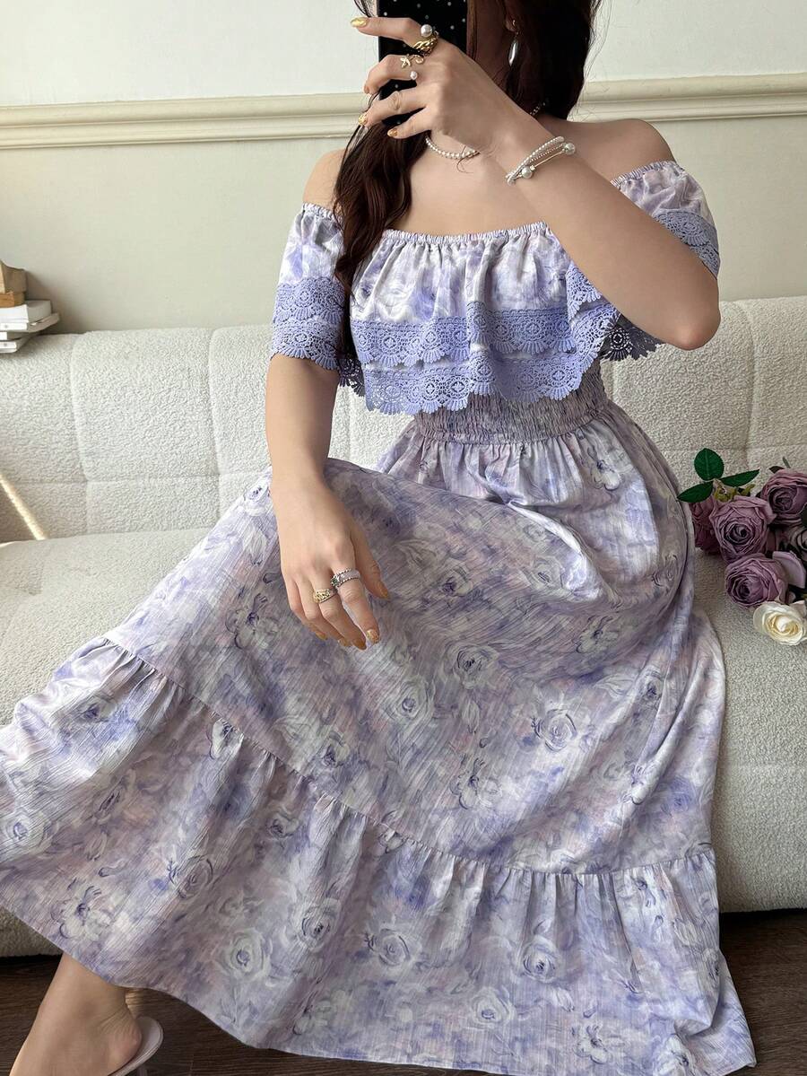 Feyla Women's Floral Print Contrast Lace Ruffle One-Shoulder Elegant Mid-Length Dress - Multicolor - View 1