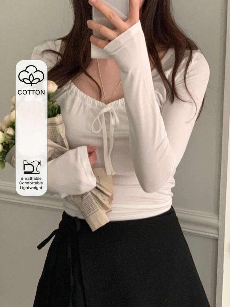 Women's Lace-Up Fitted Fashionable T-Shirt, White, Spring/Summer/Autumn