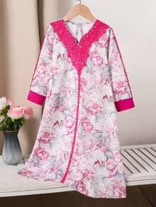 Vestido casual holgado con cuello en V y estampado floral para niña, adecuado para uso diario, vacaciones y festivales tradicionales - Rosa - Ver 7