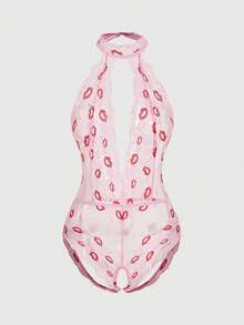 ROMWE Kawaii 女士性感唇印露裆吊带连体裤 - 粉色 - 查看 1