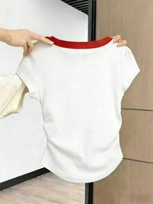 Resyla Heart Embroidery Contrast Trim Round Neck Casual Short Sleeve T-Shirt - White - View 2