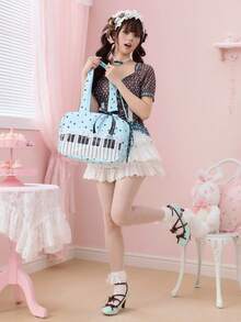 ROMWE Anime 1 pieza Bolso de mano de mujer con estampado de lunares, parche de corazón con lazo, encaje y arte pop, adecuado para compras y campus. 2da generación Bolso transparente con insignia de nota musical y muñeca para festivales de música - Azul menta - Ver 6