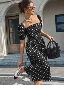 EMERY ROSE Women's Spring And Summer Knitted Dot Linen-Mix One-Shoulder Ruffled Bow Bubble Sleeve A-Line Tea Dress, Black And White Polka Dot Elegant Style - Black - View 3