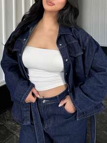 Dazy Plus Bộ đồ denim 2 mảnh dành cho nữ cỡ lớn, áo denim dài tay dáng rộng và quần jeans ống đứng, thích hợp cho mùa xuân/thu. - Rửa tối - Xem 7