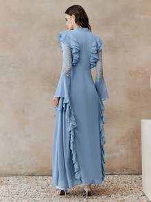 Anewsta Đầm dài tay cổ đứng màu xanh chiffon thanh lịch mới dành cho nữ mùa xuân/hè, phối ren tương phản. - Màu xanh lam - Xem 7