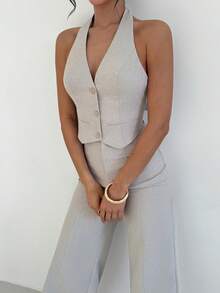 Firerie Women's Elegant Minimalist Fashion Commuter Urban Chic Casual Street Style New V-Neck Button Backless Belt Cropped Vest And High Waist Wide Leg Pants Khaki 2-Piece Set - Khaki - View 4