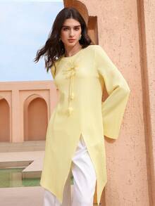 Graceveil 1pc Women's Solid Color Round Neck Textured 3D Floral Split Asymmetrical Long Sleeve T-Shirt - Yellow - View 9