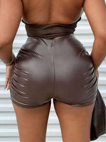 Alexandranx Women's Sexy Solid Color Pleated Shorts - Chocolate Brown - View 2