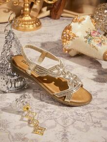 CUCCOO TILAWA Women's Flat Sandals, Bohemian Style, Comfortable Flat Sandals, Rhinestone Hollow-Out, Simple PU, Versatile, Lightweight, Non-Slip - Gold - View 6