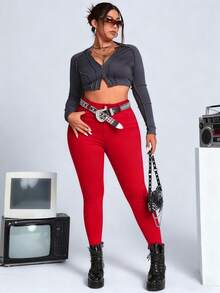 SHEIN ICON Plus Size Solid Color Versatile Slant Pocket Skinny Jeans - Red - View 5