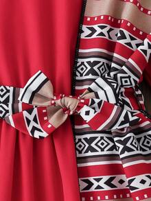 SHEIN Baby Girl Print Bubble Sleeve Dress With Shawl Collar, Elegant Casual Vacation Dress For Spring/Autumn - Burgundy - View 9