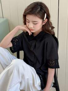 Dazy Kids Tween Girl Contrast Lace Short Sleeve Single-Breasted Casual Shirt - Black - View 6