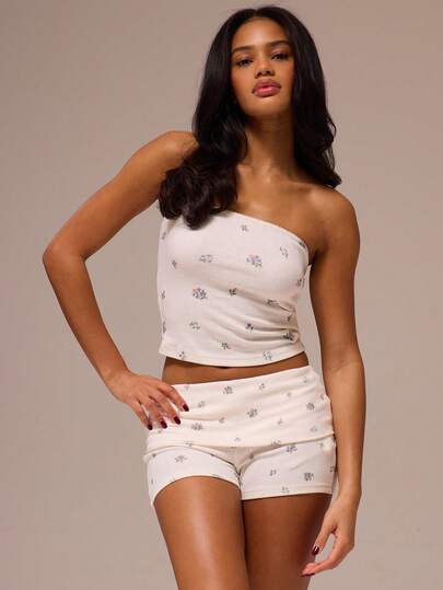 MUSERA ESSENTIALS Ditsy Floral Printed Pointelle Bandeau Top With Foldover Mini Shorts 2 Pieces Multipack Set Spring Winter Cosy Cute Daily Girly Lounge Essential