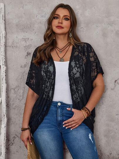 EMERY ROSE Plus Size Women Lace Fabric Lightweight Casual Jacket\Summer\Vacation