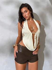 Aloruh 女士纯色深棕色短裤，迷你热裤，低腰短裤，PU和麂皮拼接，铆钉装饰，适合音乐节和波西米亚风格穿搭，春夏装扮，女士夏季服装，夏季穿搭，夏季度假装扮，女士短裤，棕色下装，女士皮短裤，水钻短裤，棕色皮短裤，铆钉短裤，性感短裤，女士热裤，女士短裤，夏季女士短裤，休闲女士短裤，夏季皮热裤 - 棕色 - 查看 7