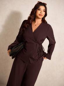 Elaquor 大码女式纯色裹身系带长袖外套和阔腿裤休闲套装，秋冬女装 - 卡其色 - 查看 7