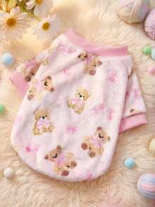 PETSIN 1件印花泰迪熊蝴蝶结法兰绒卫衣，宠物秋冬加厚保暖粉色款 - 粉色 - 查看 1