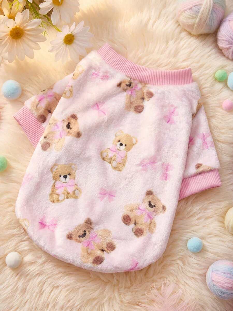 PETSIN 1件印花泰迪熊蝴蝶结法兰绒卫衣，宠物秋冬加厚保暖粉色款 - 粉色 - 查看 1