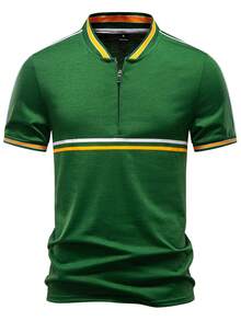 Manfinity Mode Men's Casual Everyday Commute Contrast Striped Trim Half-Zip Short Sleeve Polo Shirt, Summer - Green - View 3