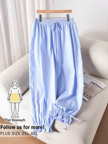 CosyJoli Plus Size Blue Striped Casual Cropped Parachute Pants With Pocket For Women - Blue - View 1