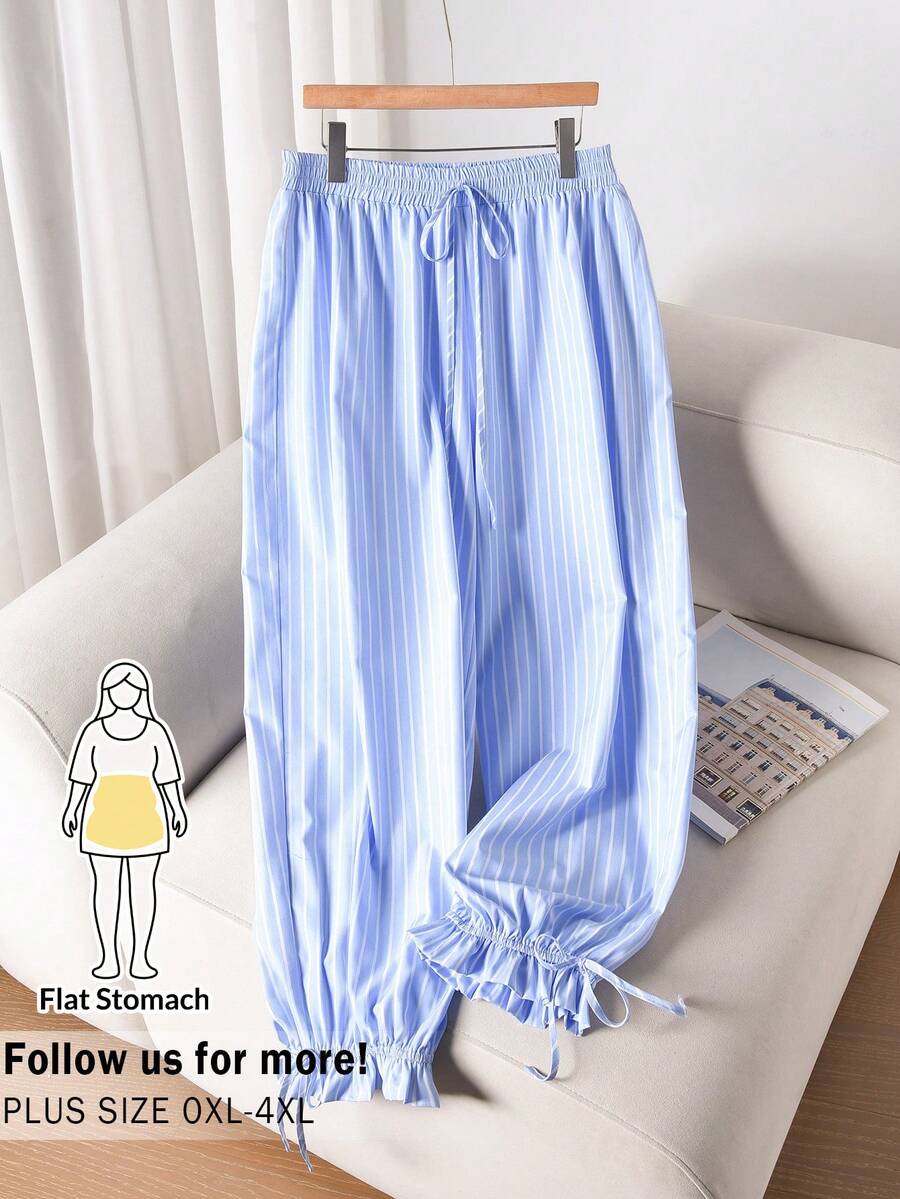 CosyJoli Plus Size Blue Striped Casual Cropped Parachute Pants With Pocket For Women - Blue - View 1