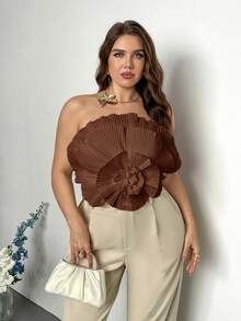 SHEIN Privé Plus Size Pleated Tight Fitting Top, Suitable For Vacation, Dates, Parties, Beach, Spring/Summer - Brown - View 10