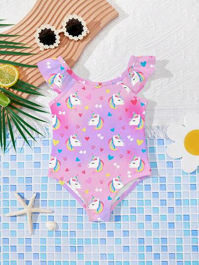 SHEIN Baby Girls' Casual Minimalist Rainbow Pattern Fitted One-Piece Swimsuit, Suitable For Summer
