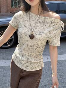 DAZY Women's Tie-Dye Twist Shoulder Design Casual T-Shirt - Apricot - View 7