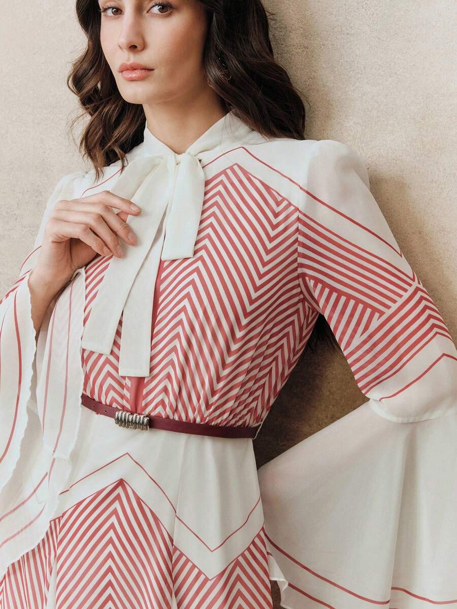 Anewsta 条纹喇叭袖系带腰身设计女士长裙 - 紅色 - 查看 1